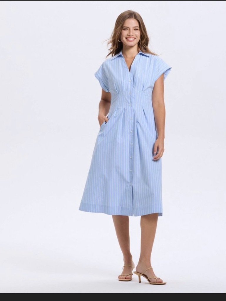 A New Day Women's Short Sleeve Pleated Midi Shirtdress Light Blue Striped Med